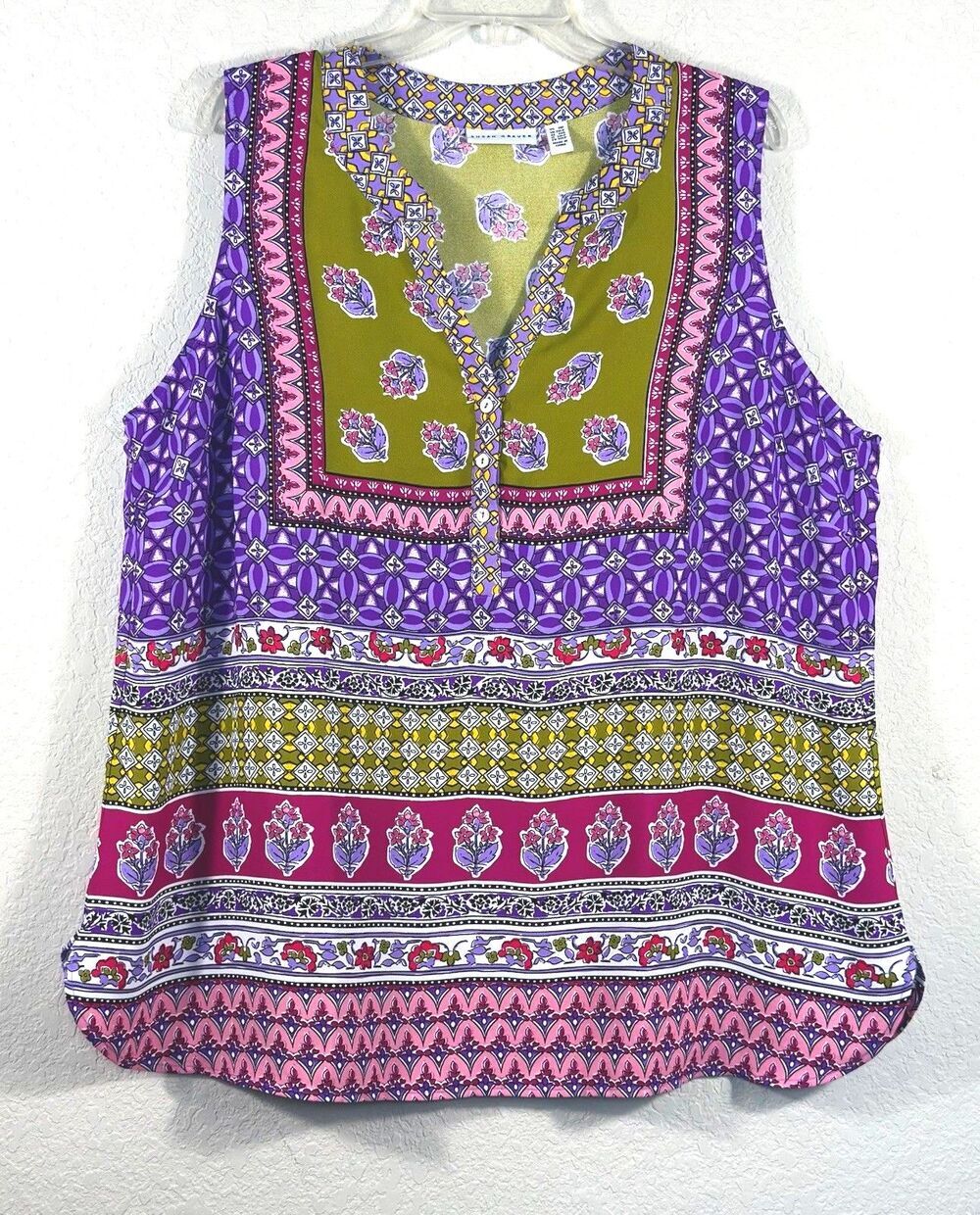 Susan Graver Printed Woven Sleeveless Henley Top Womens 1XP Floral Geometric